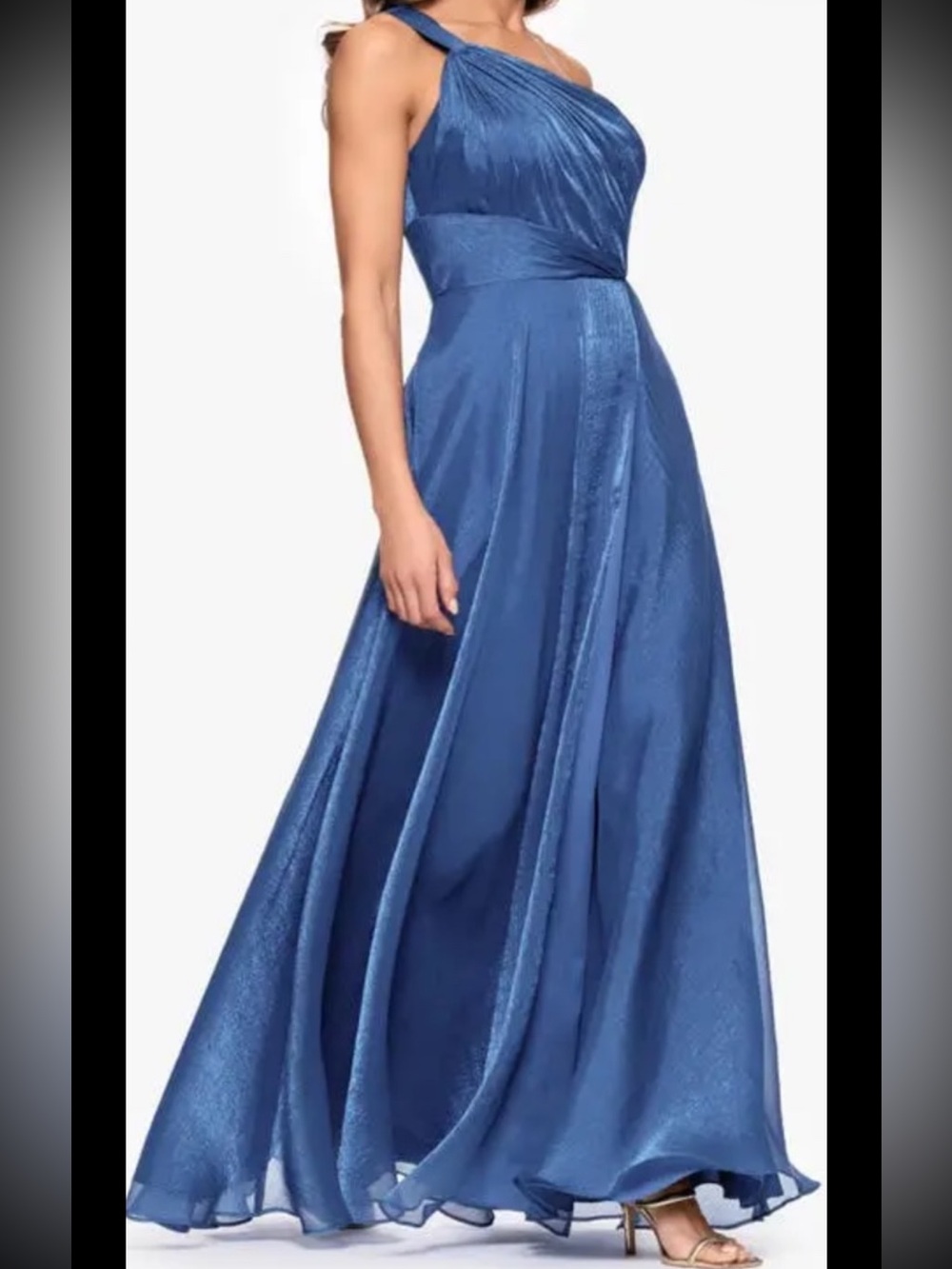 Xscape One-Shoulder Metallic Organza Gown, Sz 8, New Without Tag, Blue